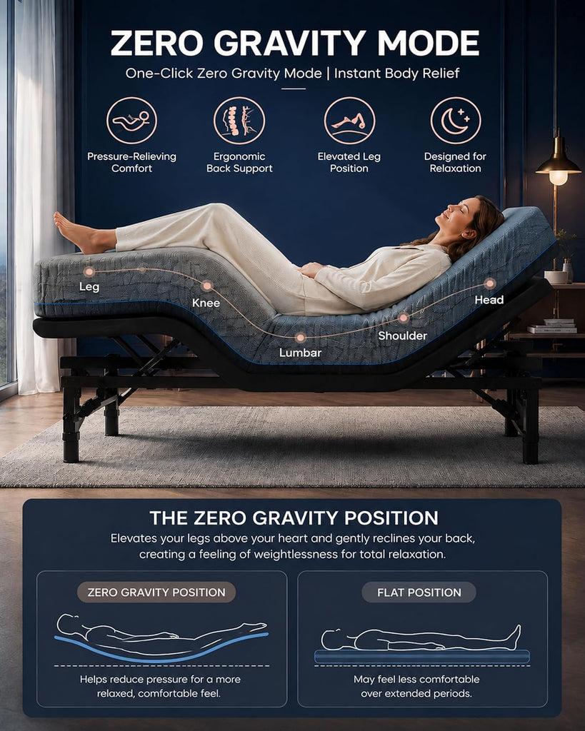Queen Adjustable Bed Frame with Massage, Electric Adjustable Bed Base with Head & Foot Incline, Quiet Motor