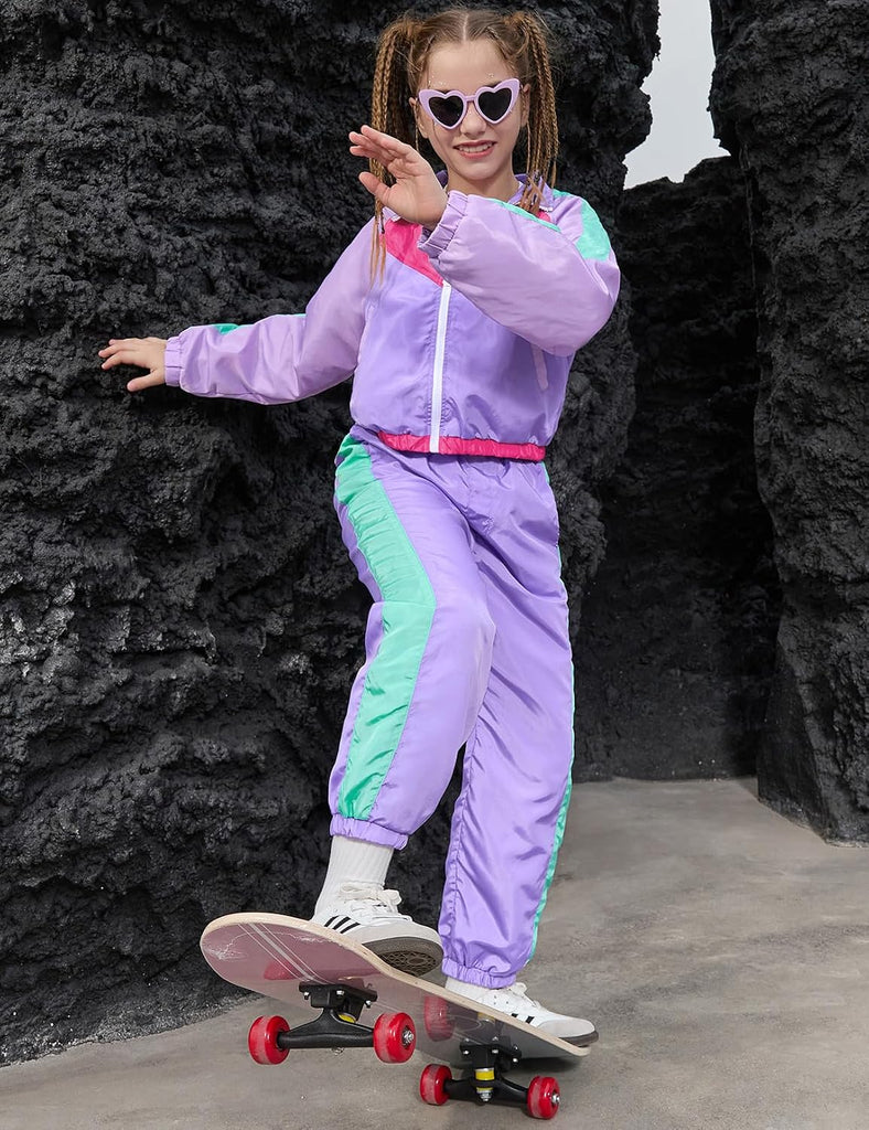 Girls' Clothing Sets 2 Piece 80s 90s Outfits Neon Jacket Pants Hip Hop Dance Outfits for Girls Tracksuit Set