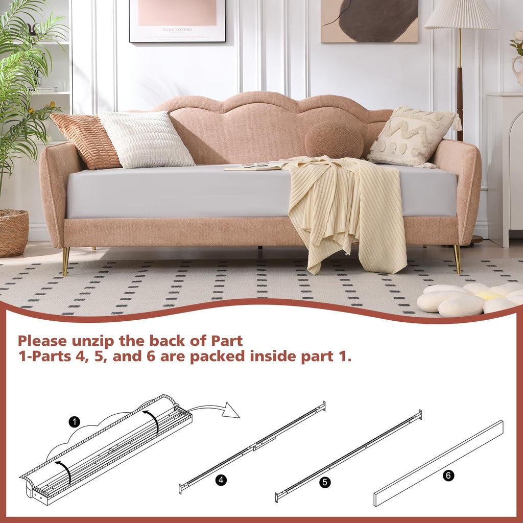 Twin Size Upholstered Daybed with Cloud-Shaped Backrest, Modern Linen Sofa Bed with Metal Legs, Wood Slat Support