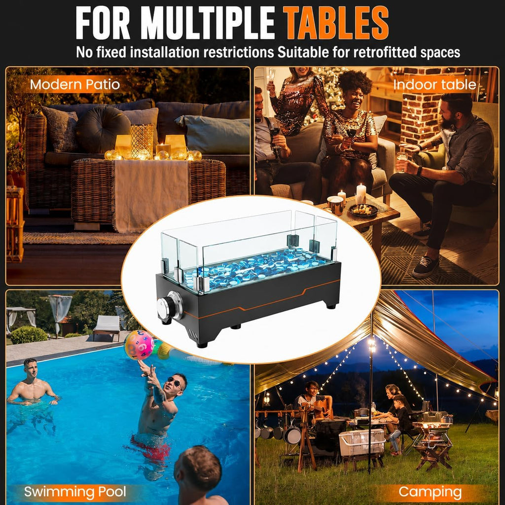 15 Inch Table Top Propane Fire Pit, 30,000 BTU Rectangular Tabletop Firepit with Glass Wind Guard & Carry Bag