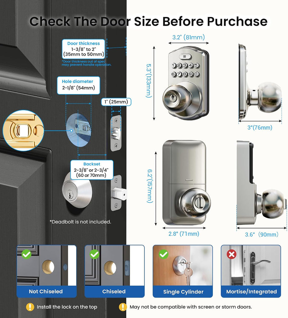 Keypad Door Knob, Keyless Entry Lock with Handle, Satin Nickel