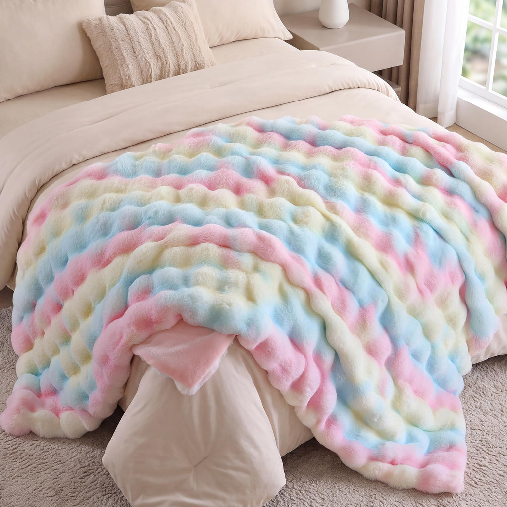 Faux Fur Throw Blanket, Rainbow Bubble Blanket 50"x60"