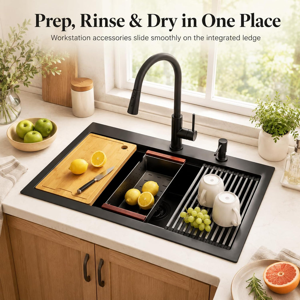 Black Drop Sink 33" X 22",Top Mount 16 Gauge Stainless Steel Workstation Sink,Deep & Large Single Bowl Kitchen Sinks