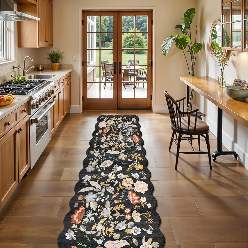 2x10 Scalloped Hallway Runner Rug: Non Slip Washable Floral Carpet Runner for Kitchen Entryway Bedro