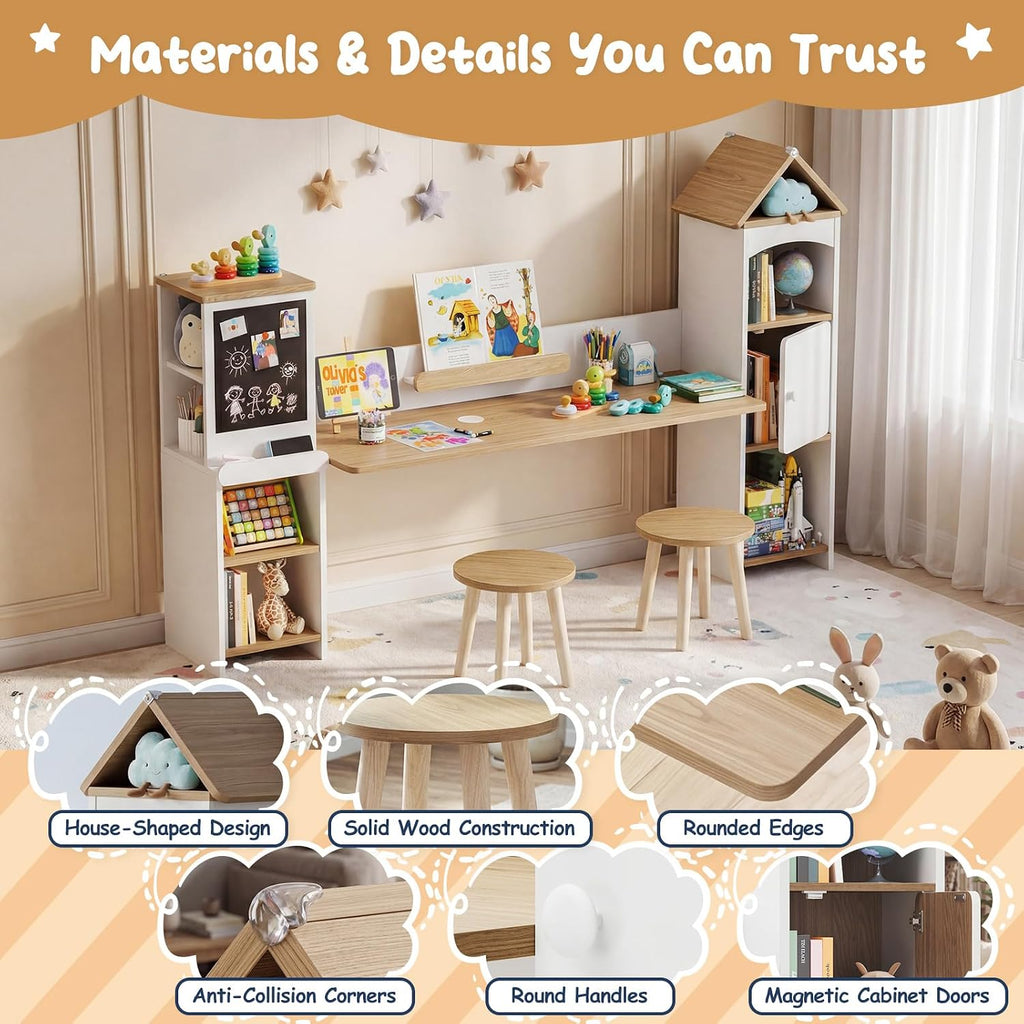 Kids Desk with Blackboard & 2 Stools