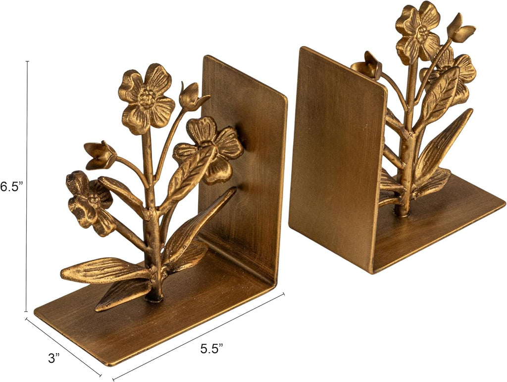 2-Piece Cast Metal Flower Bookends, Gold Finish