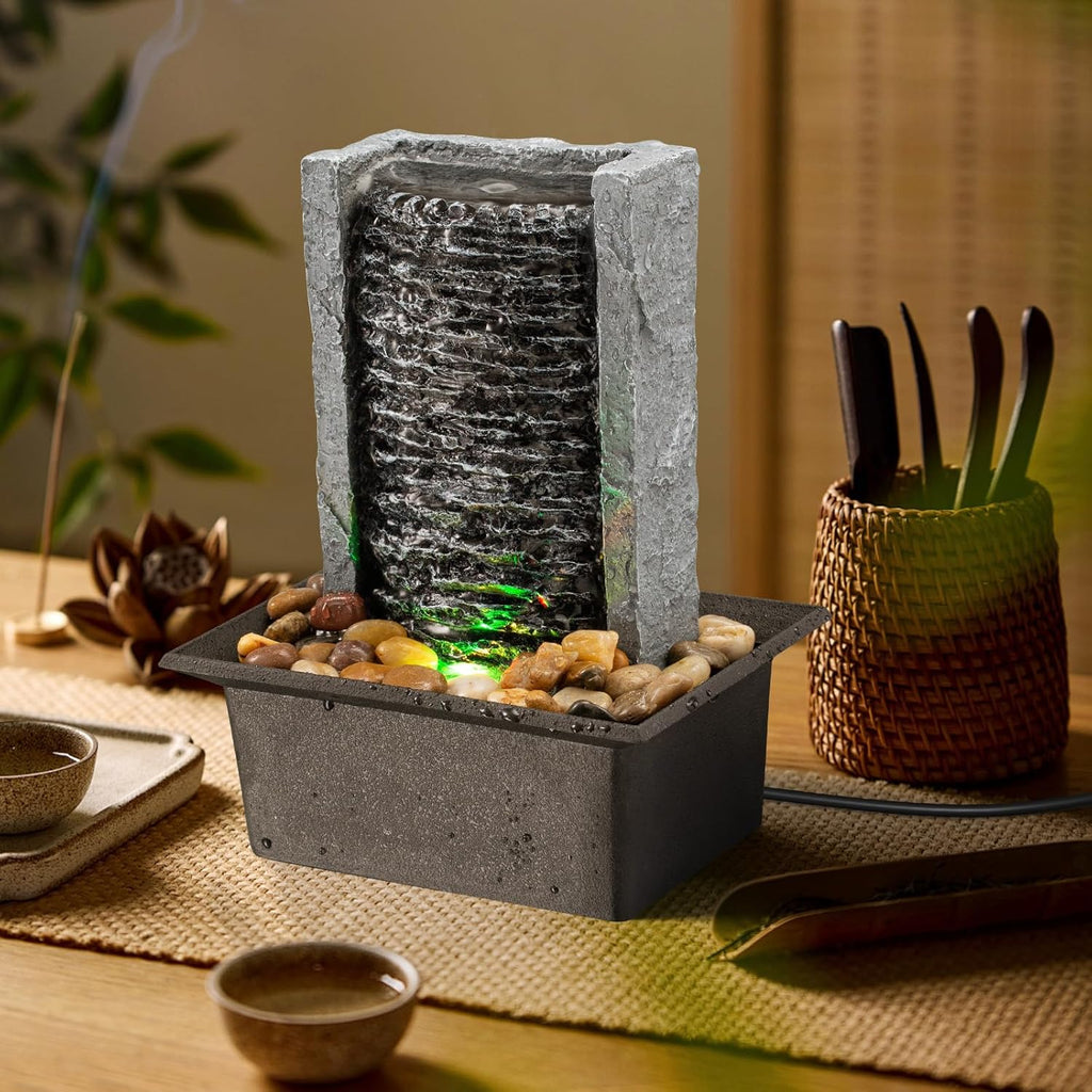 Tabletop Fountain Indoor Waterfall Rock Fountain LED-Lights Water Feature Waterfall for Modern Home and Office Indoor
