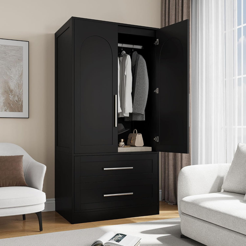 Wooden Armoire Wardrobe Closet with 2 Doors and 2 Drawers,Freestanding Armoire Storage Cabinet with Shelves,Tall