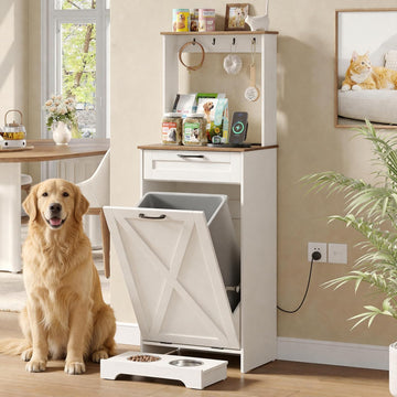 Tilt Out Trash Can Cabinet with Dog Bowl and Drawer, 13 Gallons Hidden Trash Cabinet with Charging Station, Storage