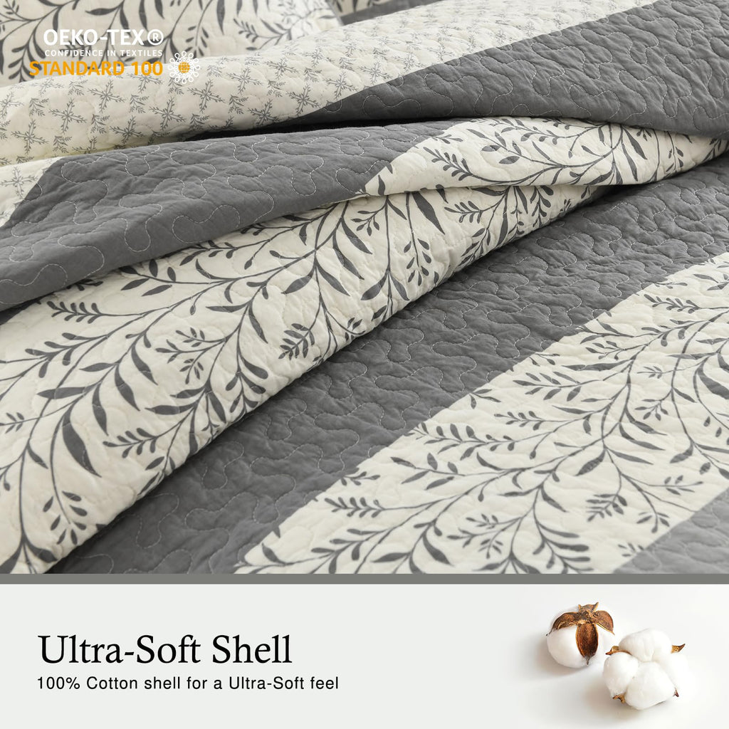 100% Cotton Quilt Set, Cottage Stripe Vine, Grey Cream