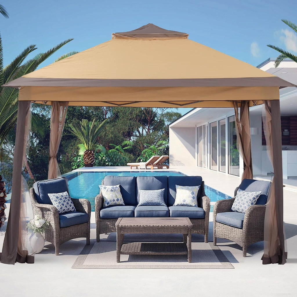 11x11 Pop Up Canopy Tent, Outdoor Canopy with Netting, Outdoor Gazebo Tent with Handbag, Brown.