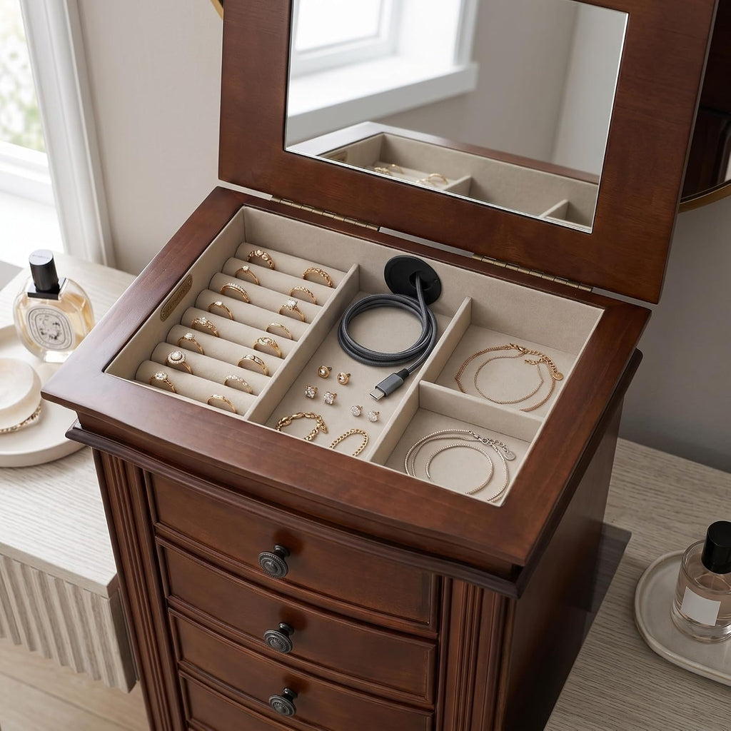 Luke Standing Jewelry Armoire - Large 7-Drawer Wooden Organizer with Mirror, Side Doors, and Anti-Tarnish Lining