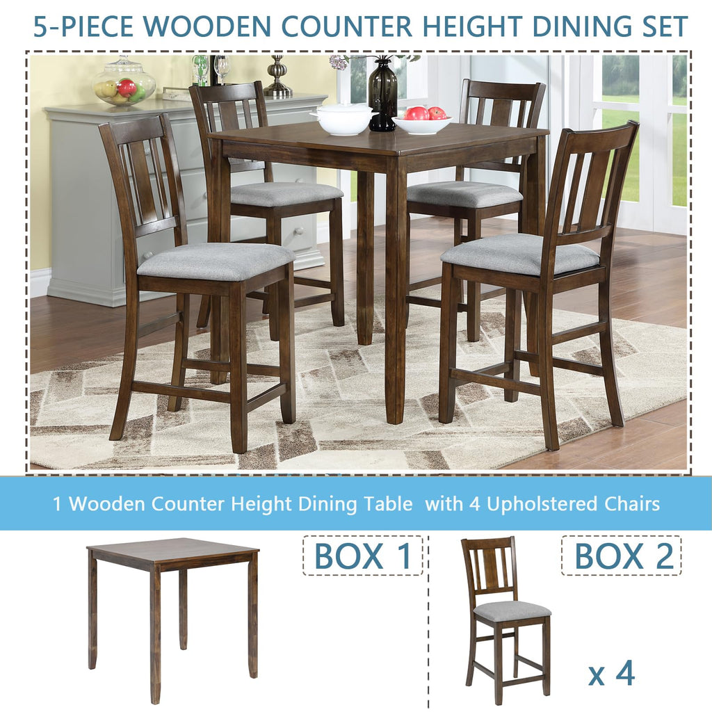 5-Piece Counter Height Dining Table Set with Square Table and 4 Upholstered Slatted Backrset Chair, for 4 Person
