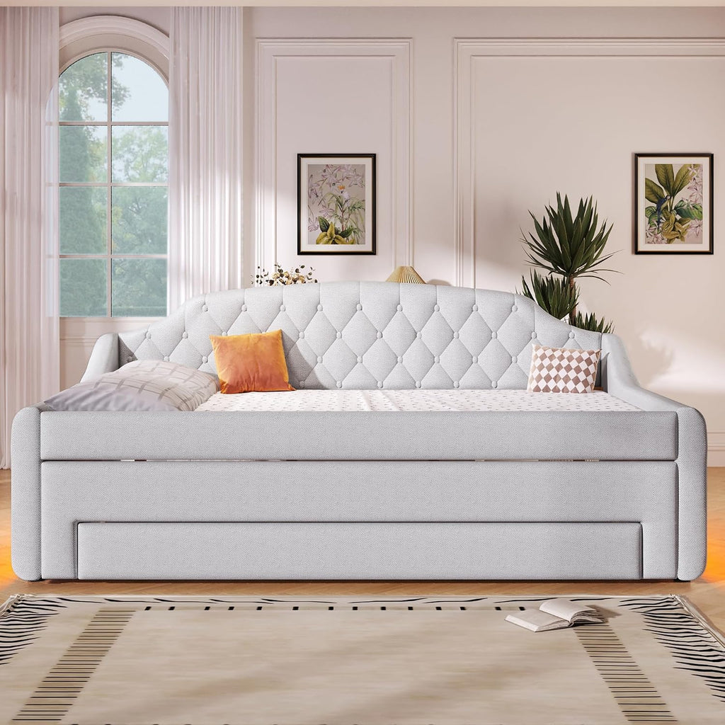 Upholstered Full Size Daybed with LED Lights, Trundle & 3 Drawers, Linen Sofa Bed for Guest Room & Small Spaces