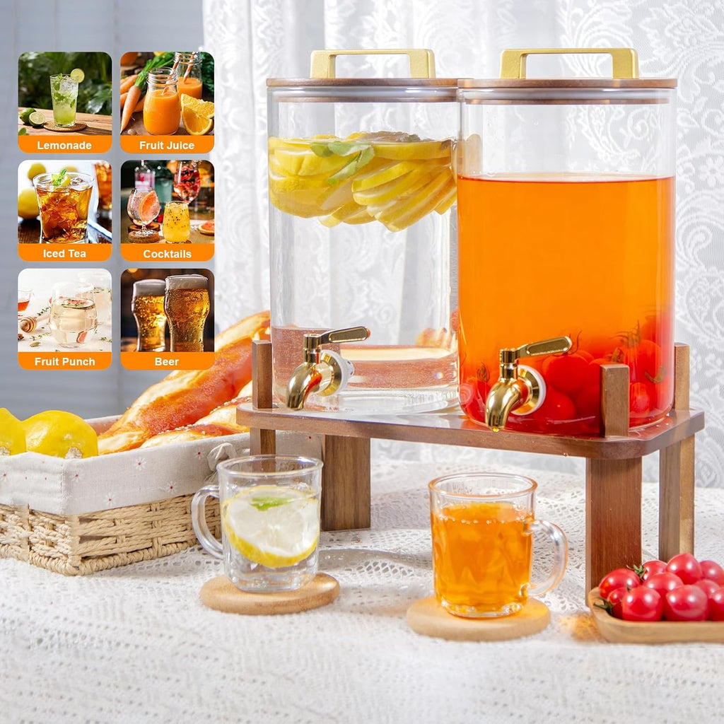 Gallon with Wooden Stand, Drink Dispenser with Stainless Steel Leak-Proof Spigot, Juice & Lemonade Dispenser - Set of 2