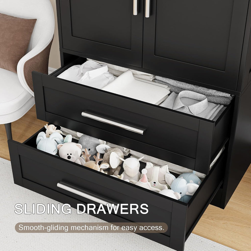 Wooden Armoire Wardrobe Closet with 2 Doors and 2 Drawers,Freestanding Armoire Storage Cabinet with Shelves,Tall