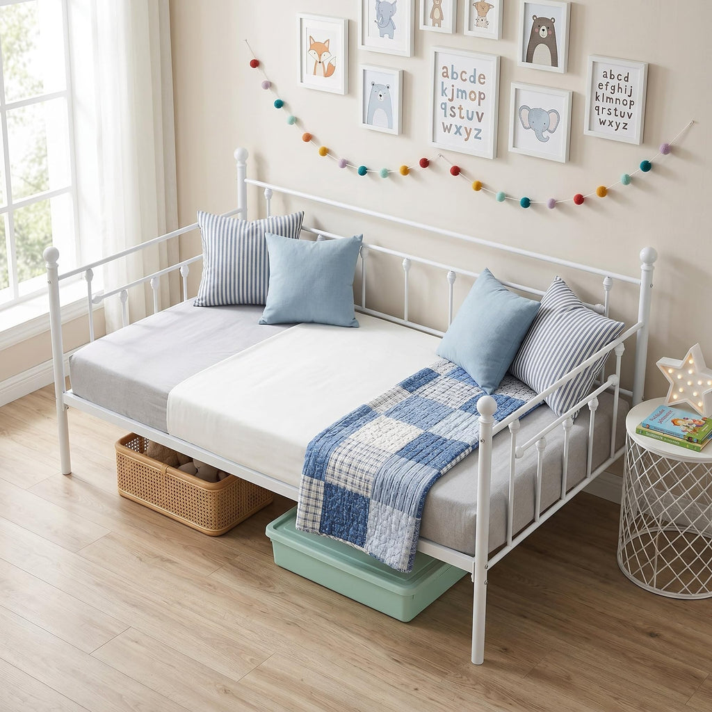 Twin Size Daybed Frame Metal Steel Slat Support with Headboard Sofa Bed Platform, Guest Room, Easy Assembly, White