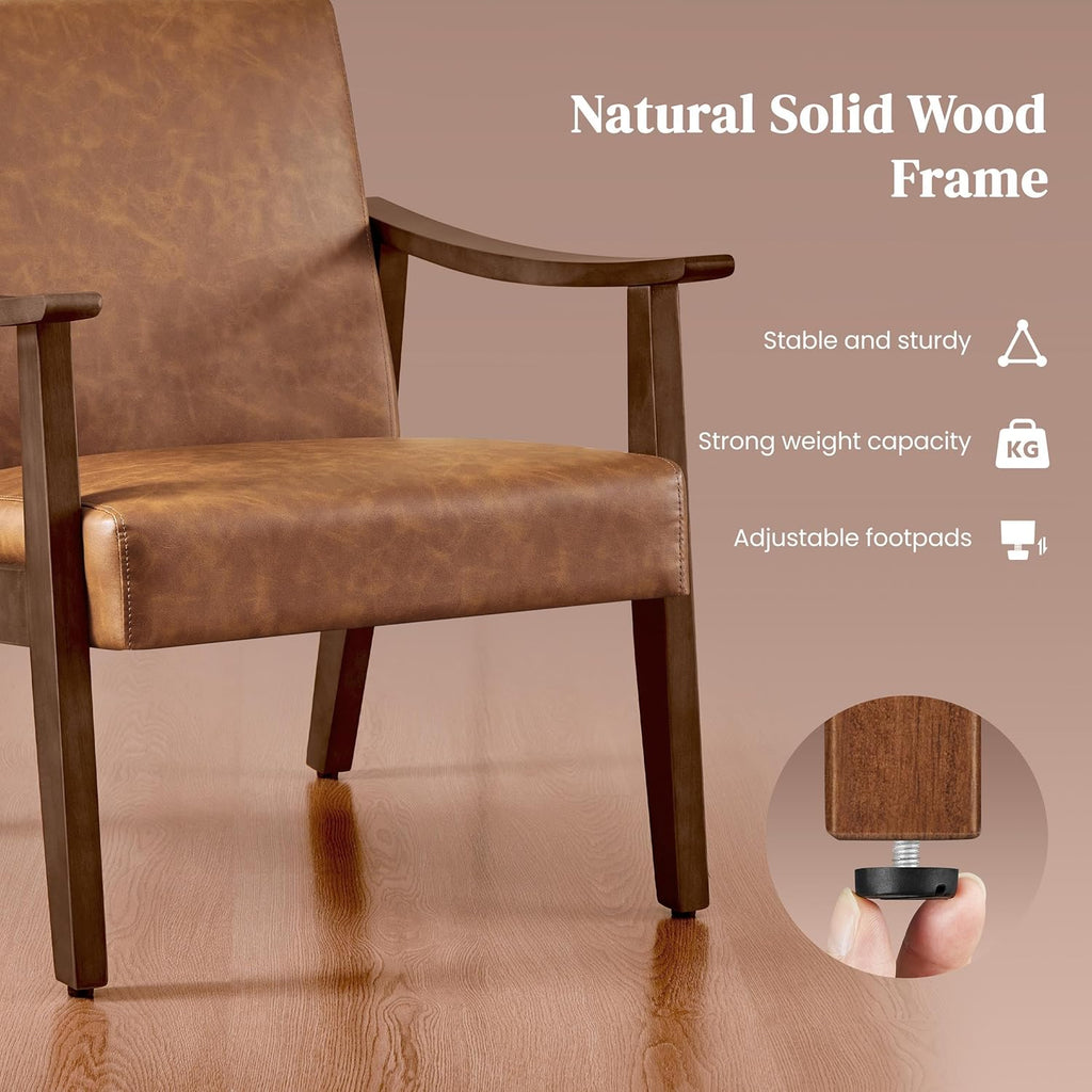 Accent Chairs, Mid-Century Faux Leather Armchairs Brown - Set of 2
