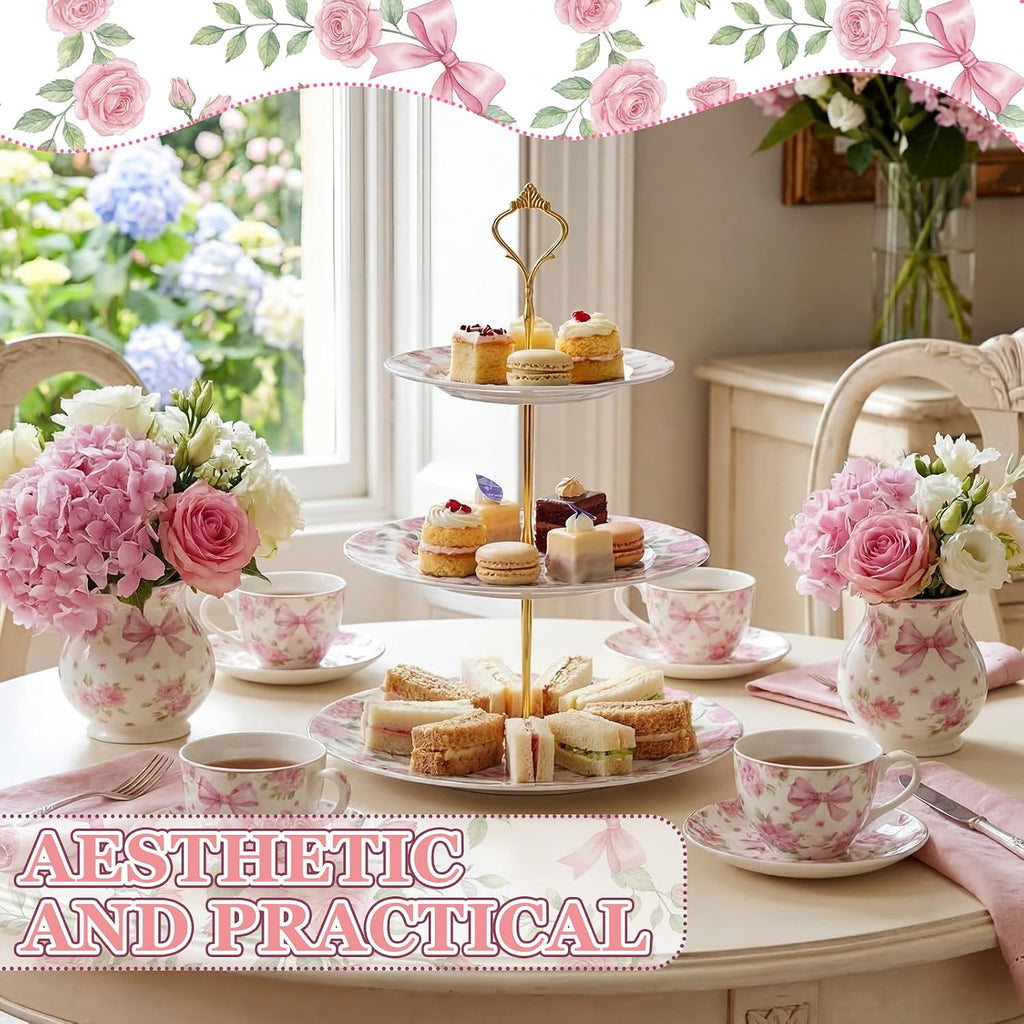 3 Tier Pink Floral Cake Stand Ceramic Coquette Dessert Stand with Gold Metal Rack Shabby Hydrangea Bow Cupcake Tower