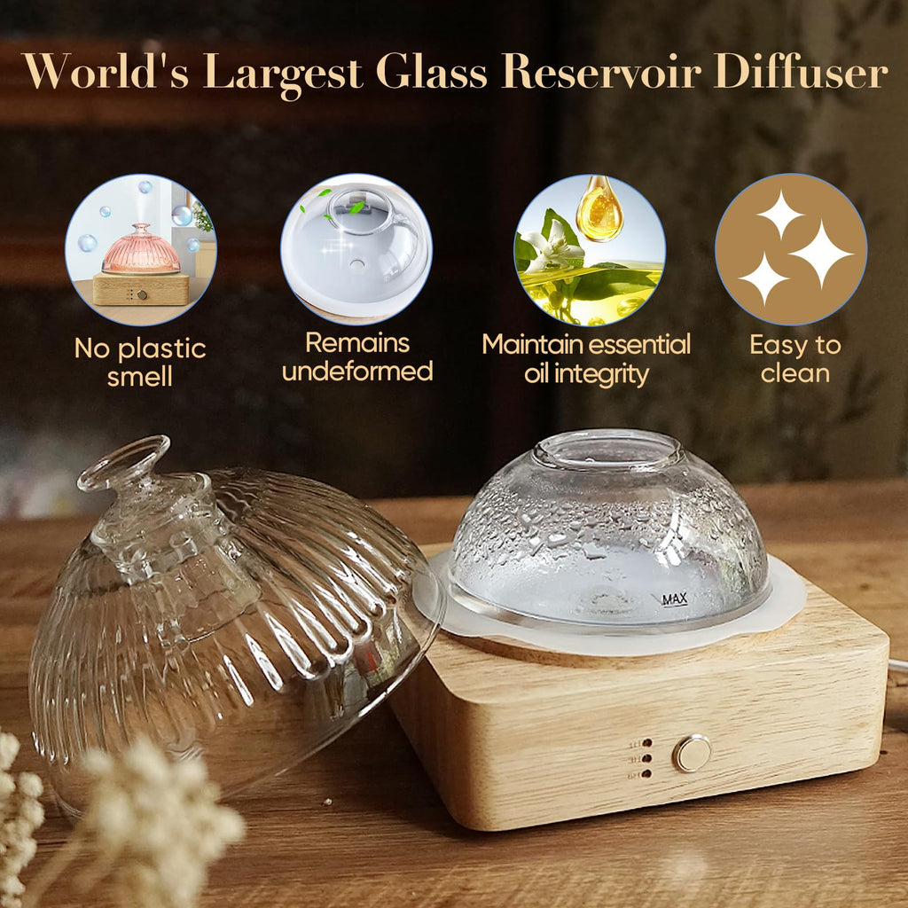 Glass Dome Essential Oil Diffuser with Glass Reservoir & Wood Base-No Plastic, 200ml Ultrasonic Diffuser for