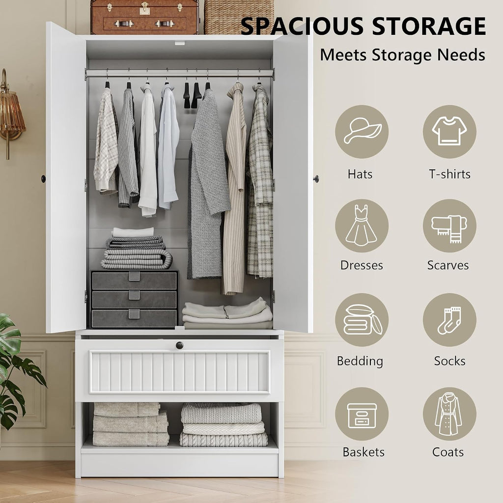 Armoire Wardrobe Cabinet with Mirror and Drawer, 70" 2-Door Wooden Closet Organizer Storage, White