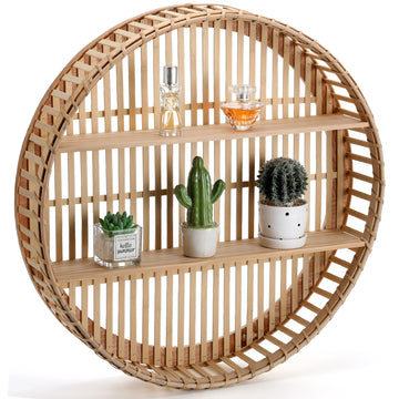 Circle Shelf, 2 Tier Boho Rattan Wall Shelf, Farmhouse Handcraft