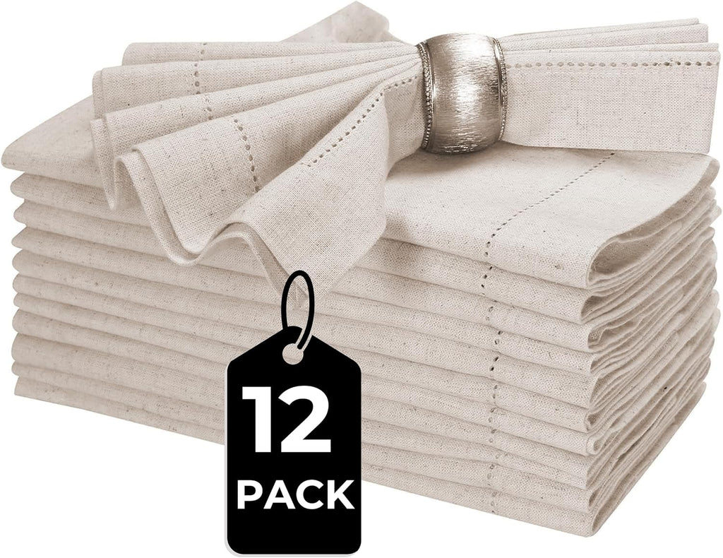 Linen Cotton Cloth Dinner Napkins, 20x20, Set of 12 | Flax cotton blend, hemstitched mitered corners, machine