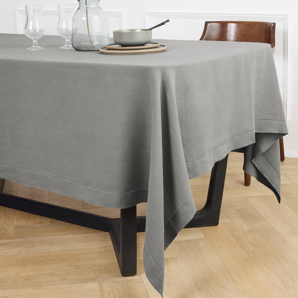 Hemstitch 100% Linen Tablecloth 70 x 132 In, Grey