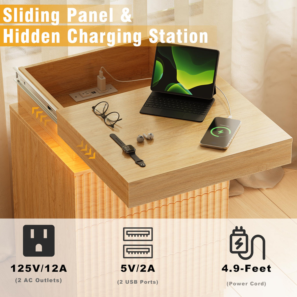 Fluted 3 Drawer Dresser with Charging Station, Oak