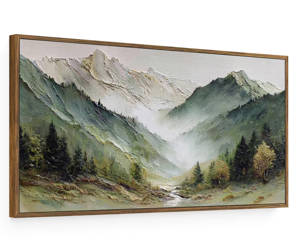 Large Framed Mountain Landscape Wall Art with Wooden Frame, Misty Forest Valley Nature Canvas Painting, Rustic Nature