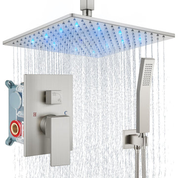 Ceiling Shower Faucet Set with Handheld 12" LED Head Brushed Nickel