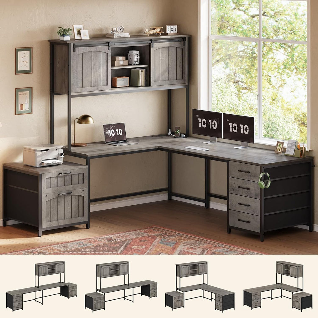 Reversible Farmhouse L-Shaped Desk with Hutch, 6 Drawers, File Drawer & Power Outlets