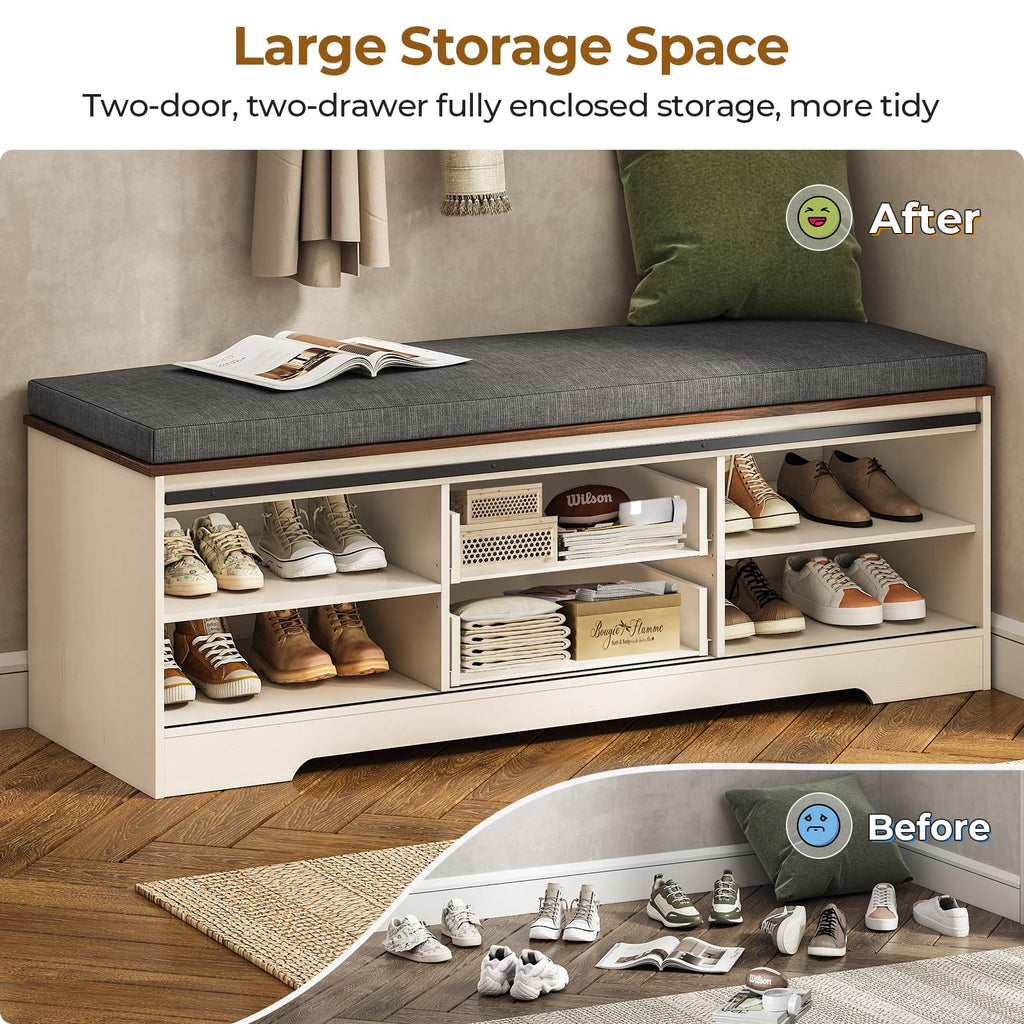 60" Farmhouse Storage Bench with Cushion, Shoe Rack with Slide Barn Doors, Adjustable Shelf and 2 Drawer for Entry