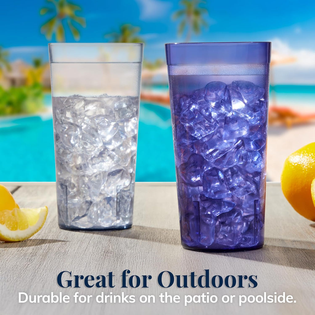 Cafe Plastic Reusable Tumblers (Set of 16) 20-ounce Water Cups Coastal Colors | Restaurant Style Drinking Glasses