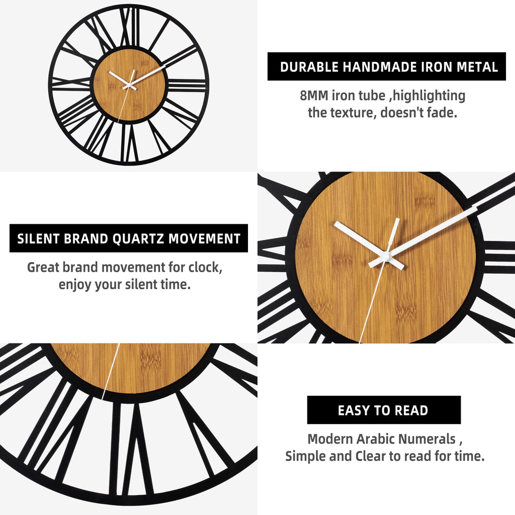 40" Large Display Wall Clock Decor - Silent, Battery Operated, Black Metal, Modern, Rustic Wood Clocks