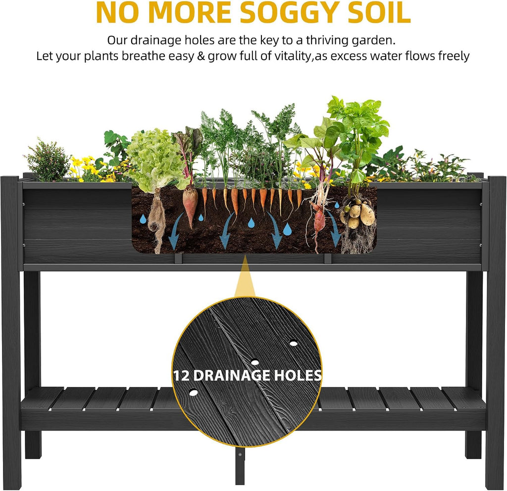 48x18x30in Raised Garden Bed Kit, HDPE Planter Box Stand, Poly Wood Weather-Resistant Planter Box with Legs & Storage