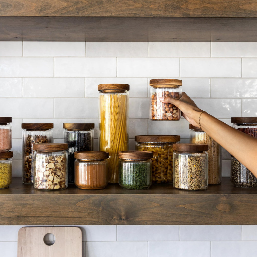 Ribbed Glass Canisters or Spaghetti Jars with Airtight Wood Lid- Tall Storage Containers for Pasta, Cereal or Flour