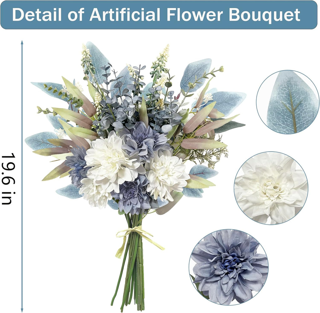Blue White Fake Artificial Flowers Bouquet, Silk Floral Arrangements - Set of 11