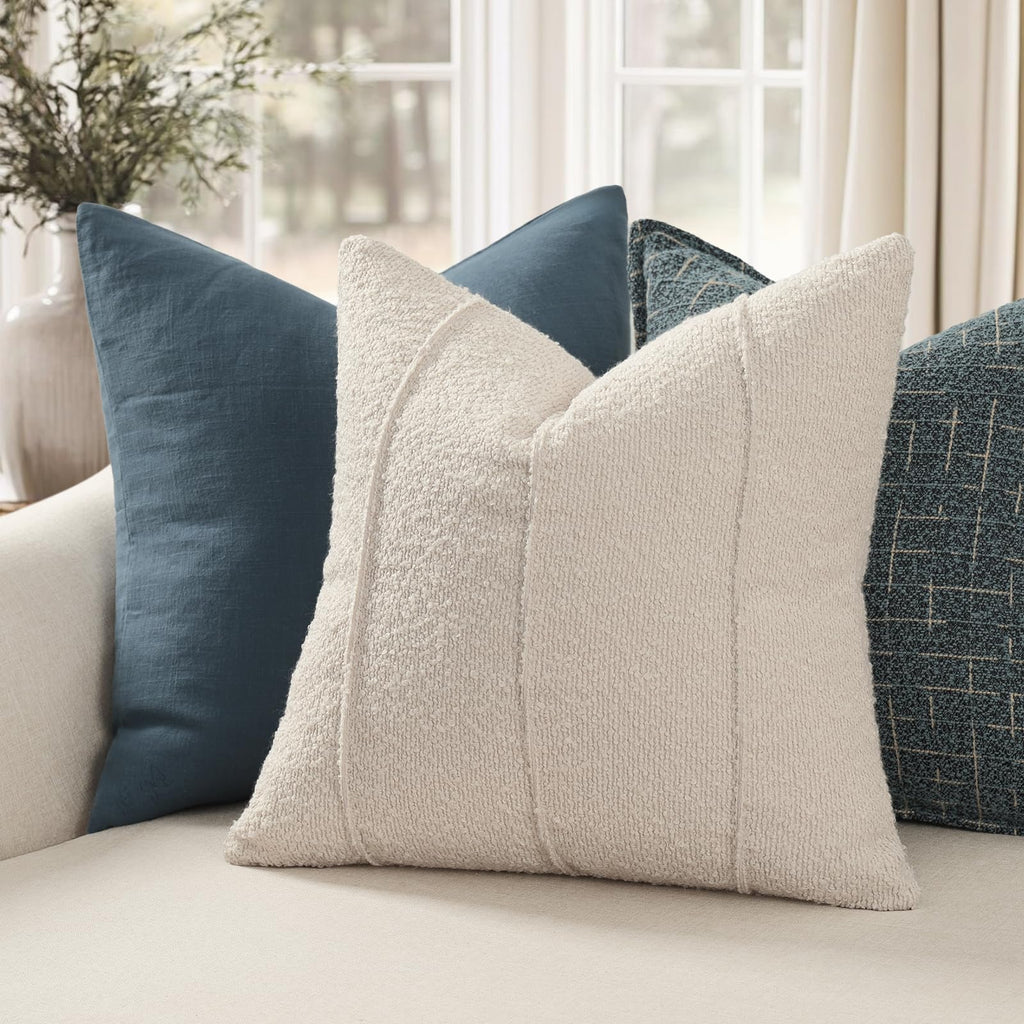 Textured Boucle Throw Pillow Covers 20x20 Pack of 2 - Soft Neutral Striped Cushion Covers, Cozy Accent Decorative