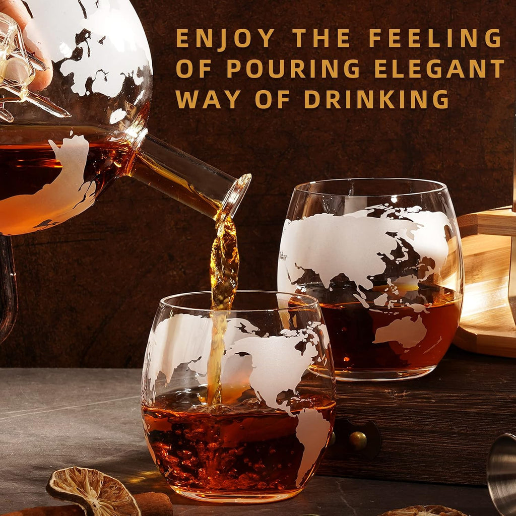 Gifts for Men Dad Husband Fathers Day, Whiskey Globr Decanter Set with 4 Etched Globe Glasses, Unique Anniversary