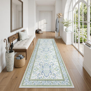 Blue and Green Washable 3x8 Runner Rug