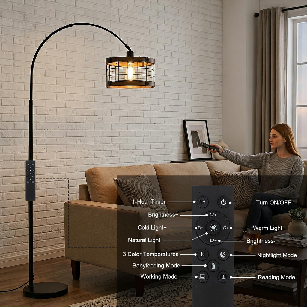 Inspired Arco Style Arc Floor Lamps with Remote and Dimmable LED Bulb, Vintage Wood Floor Lamp, Farmhouse Standing Lamp for Corner