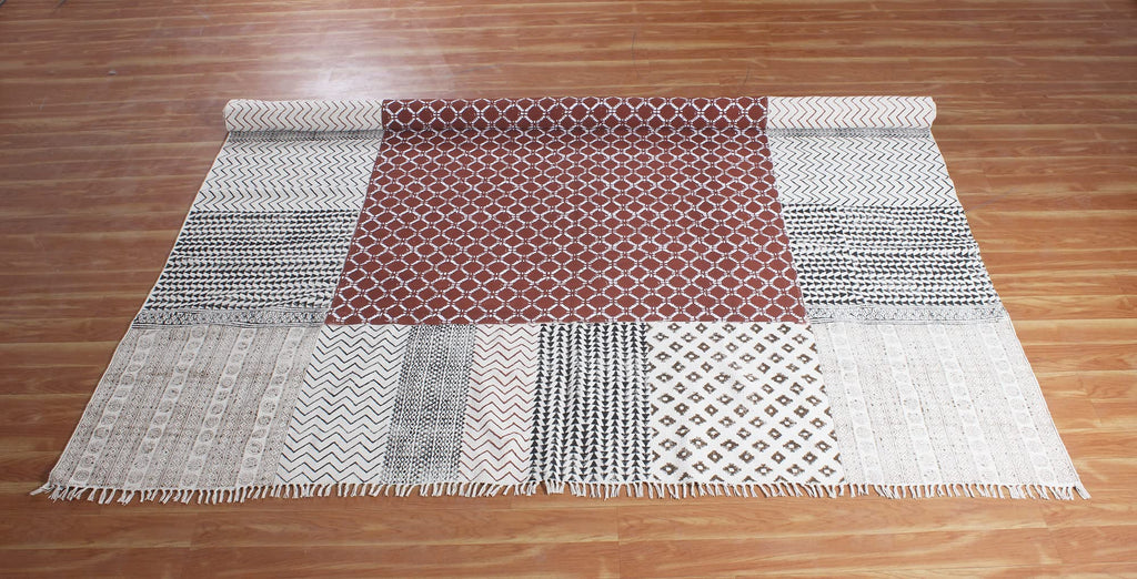 Area Rug 3x5 Kilim Rug Brown & Beige Cotton Dhurrie Geometric Design 0.19 inches Stone Easy Washable Rug Hand Wash