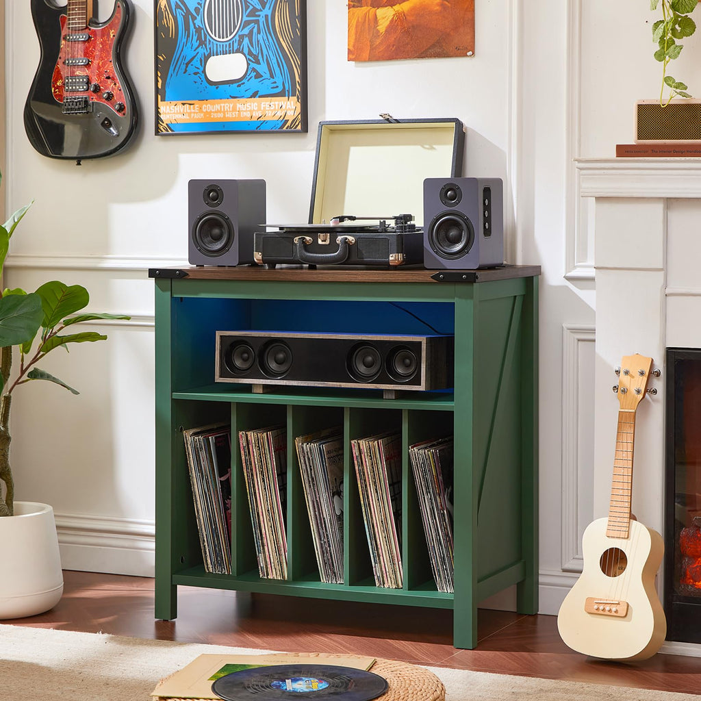 Large Record Player Table with Charger Station & LED Lights, Vinyl Record Storage Player Table up to 230 Albums