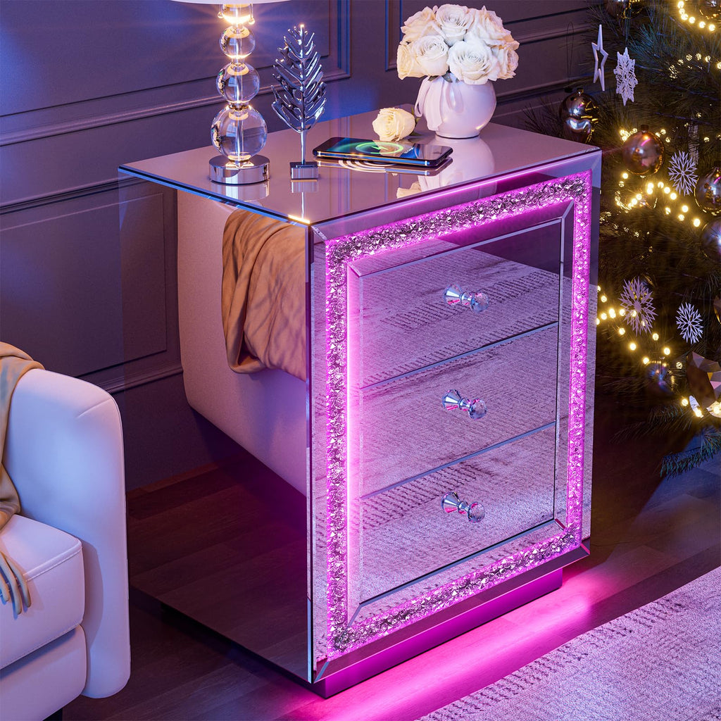 Mirrored Nightstand Set of 2, Wireless Charging Station, LED Light