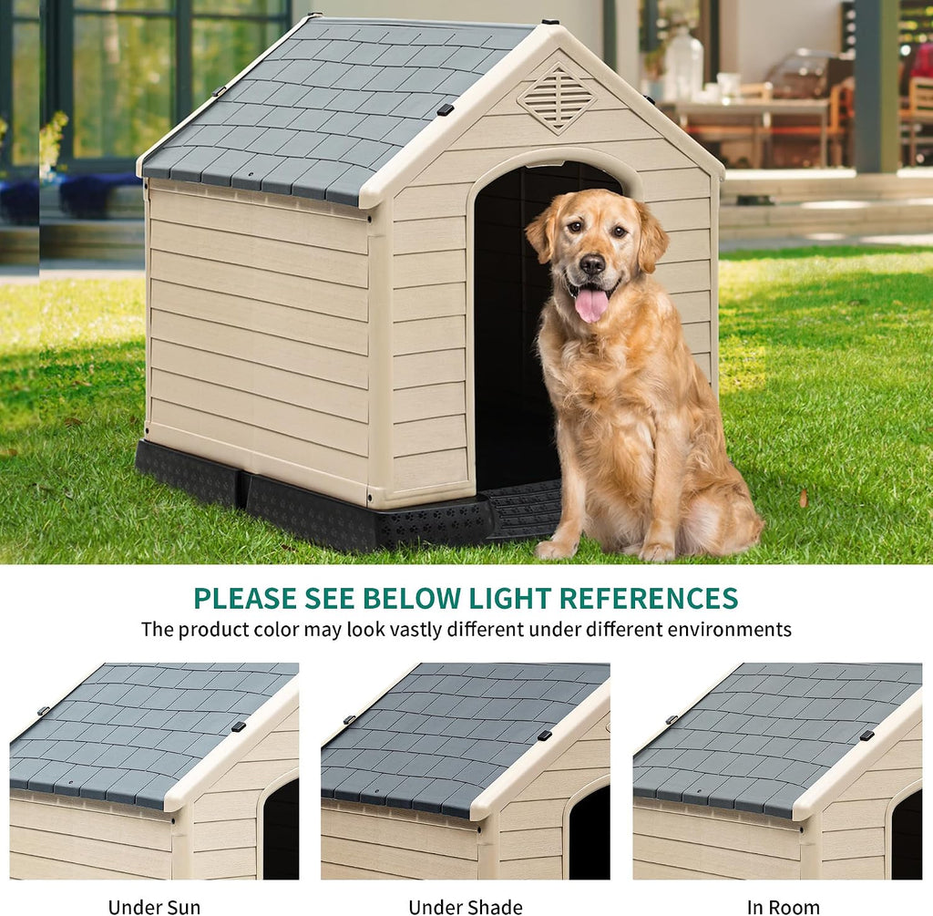 Plastic Dog House, Waterproof Indoor Outdoor Doghouse for Large or Small Dog, with Air Vents and Elevated Floor, Easy