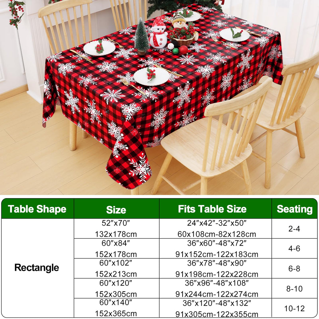 Christmas Rectangle Table Cloth, Waterproof Vinyl Tablecloth with Flannel Backing, Wipeable Bufflo Checked Snowflake