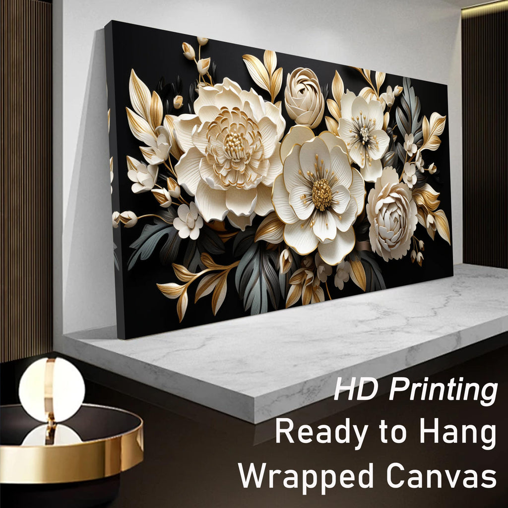 Large Gold and Black Flower Wall Art Botanical Picture Modern Artwork Office Teen Girls Room Kitchen 20x40 Inch