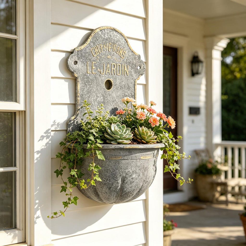 Large French Country Wall Planter, 27.95" H x 18.11" W Vintage Metal Le Jardin Wall Mounted Flower Pot, Rustic
