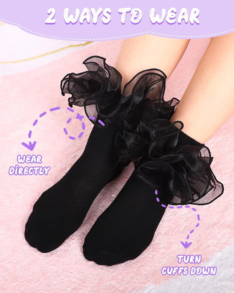 Toddler Girl Socks with Big Ruffle Lace Frilly Turn Cuff Dress Socks